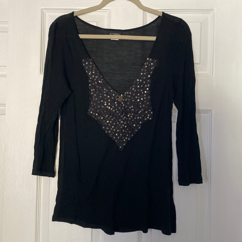 Daytrip Black Sequin 3/4 Sleeve Top, Size Medium
